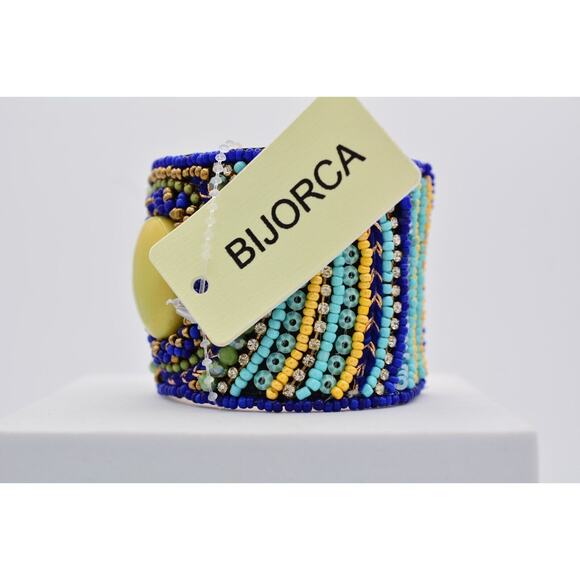 Beaded Cuff Bangle Bracelet Rhinestone Crystal Royal Blue Yellow Gold Chunky - Picture 6 of 12